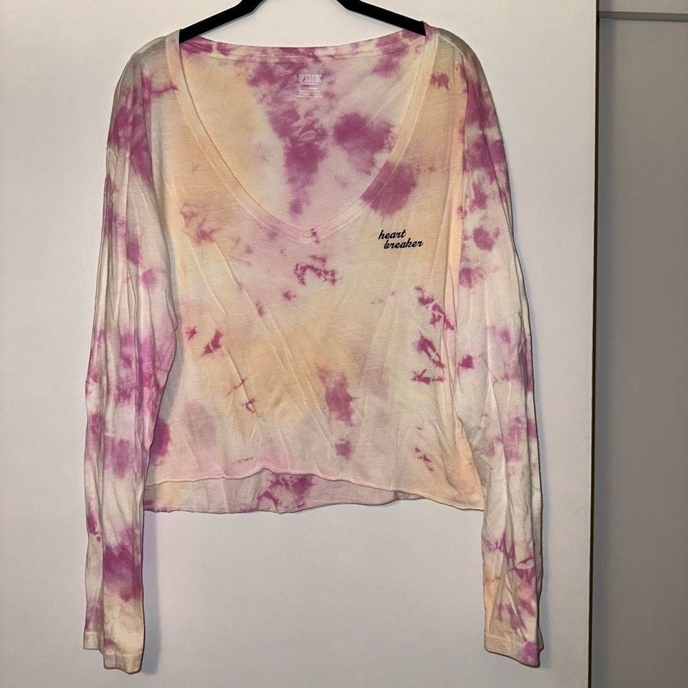 VS PINK Women’s Pink Orange White Tie Dye Cropped Long Sleeve Size Large